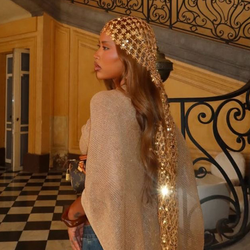 Ethnic Fashion Design - Boho pullu örgü başörtüsü altın siyah
