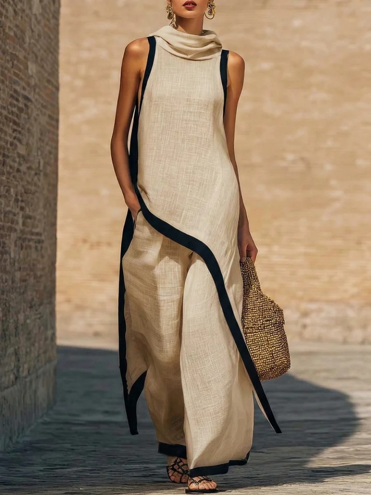 Ethnic Fashion Design - Kadın keten kontrast renkli kolsuz asimetrik